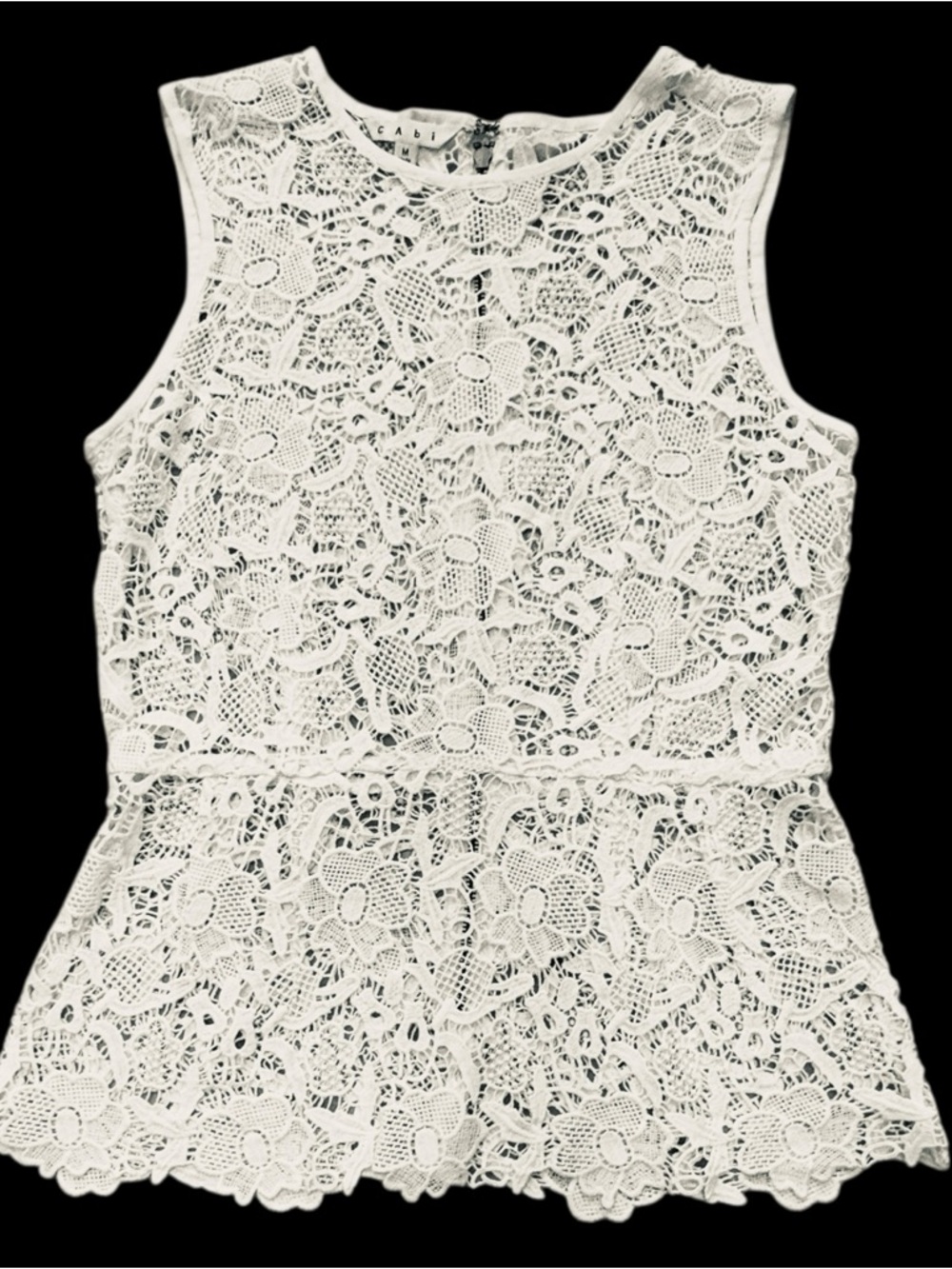 CAbi White Lace Sleeveless Peplum Top Floral Crochet Blouse Size M - Picture 3 of 8